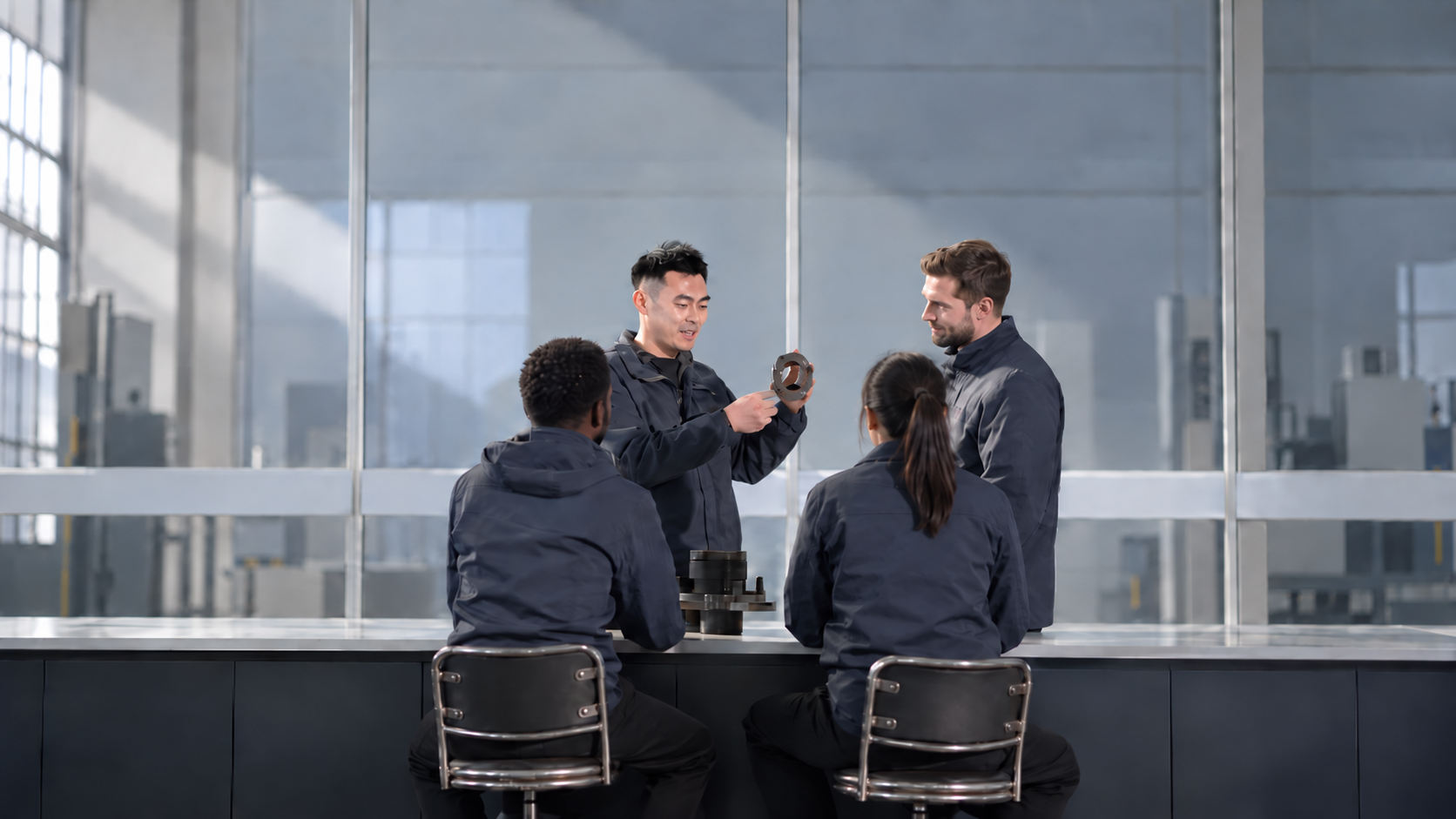 Technical team reviewing a component